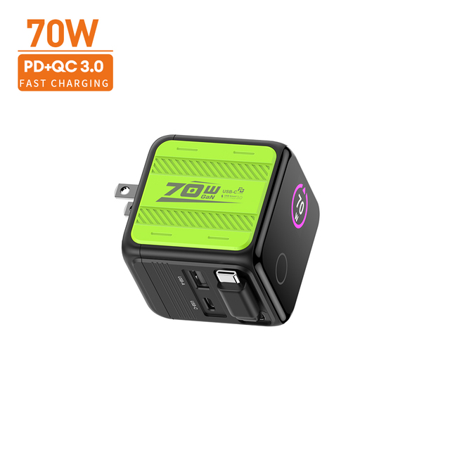 70W GaN 2 Type-C USB-A Travel Charger PPS PD 3.0 QC 3.0 with CE CB ROHS for iPhone for Laptop Worldwide Multi Device Home Office