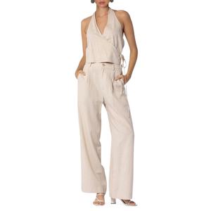 ชุดผ้าลินินแฟชั่น OEM สำหรับผู้หญิง เสื้อครอปแบบผูกคอ เปิดหลัง พร้อมกางเกงผ้าลินินแบบผูกเอว - Product Image 1