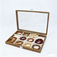 Boîte de rangement de bijoux en grain de noyer haut de gamme, velours blanc classique, avec couvercle en verre, plusieurs compartiments en option