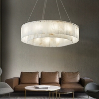 Lustre en marbre alabastre nuageux à double anneau, moderne et luxueux, avec éclat éthéré de lumière du jour, hauteur réglable, LED à intensité variable, haut-moyen