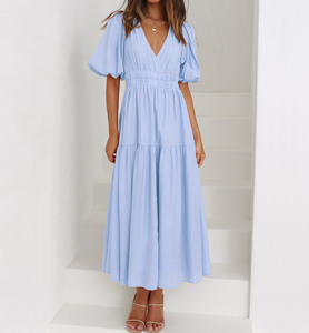 Abiti Midi Casual Sexy Traspiranti in Tessuto con Scollo a V e Maniche a Lanterna, Dettaglio in Vita, per Primavera Estate <span class=keywords><strong>Autunno</strong></span> - Vendita all'Ingrosso ODM - Product Image 4
