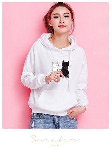 Felpa con Cappuccio da Donna Autunnale, Casual, Tinta Unita con Stampa di <span class=keywords><strong>Gatto</strong></span>, in Cotone, Foderata, Streetwear, Top Caldo per Signore - Product Image 6