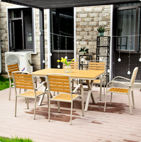 Ensemble de salle à manger moderne pour patio extérieur, résistant aux intempéries, en alliage d'aluminium, pour parc, villa, jardin, loisirs, combinaison table et chaises en plastique et bois