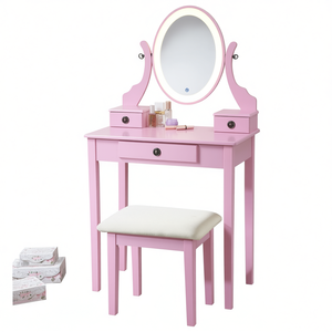 DB Moniys Mesa de Maquillaje Rosa con Espejo Iluminado y Taburete para Uso en el Dormitorio del Hogar - Product Image 1