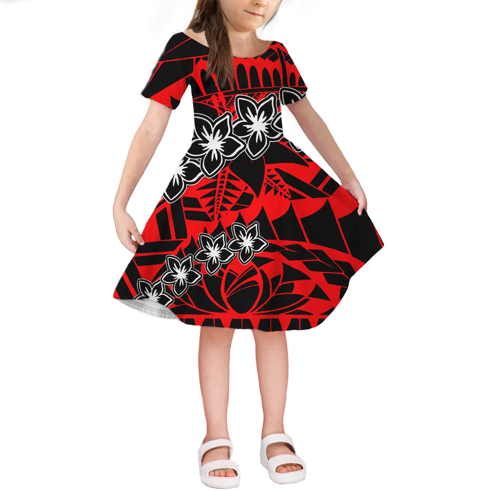 High quality New Polynesian Tribal Samoan Pattern Printed Baby Girls Kids Clothes Short Sleeve Girls' Dresses Factory Price