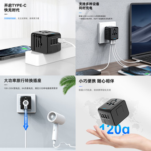 Travel Adapter Universal Type C 200W Max PD Fast Charging All In One <b>ABS</b> Material Over Charging Protection - Product Image 1