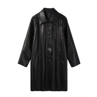 Damen Schwarzer PU-Kunstleder Mantel, Minimalistischer Stil, Reverskragen, Einreihig, Lange Ärmel, Locker Geschnitten, Mittellang, Lässige Oberbekleidung
