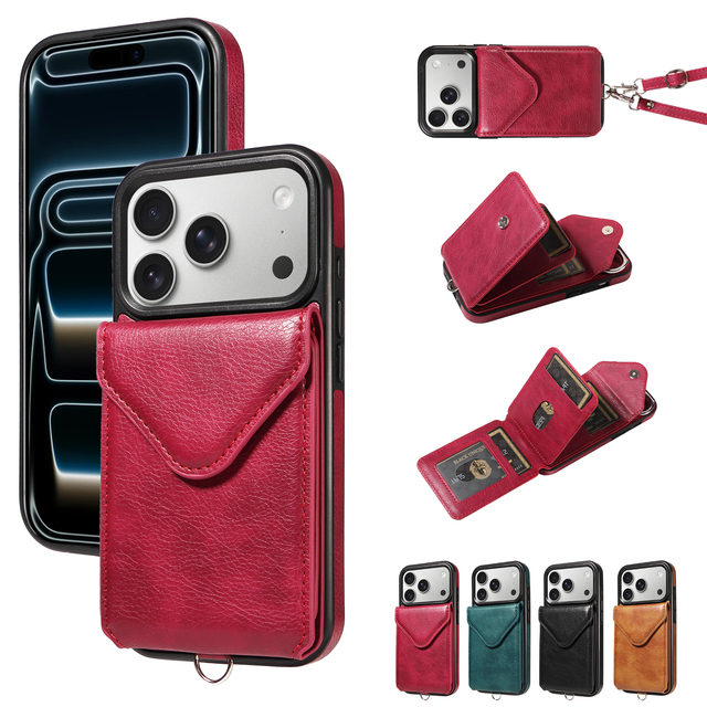 For for 15/16/17 Pro Max PU Leather Shockproof Card Holder Phone Case with Phone Strap and Luxury Design (Multi Colors)