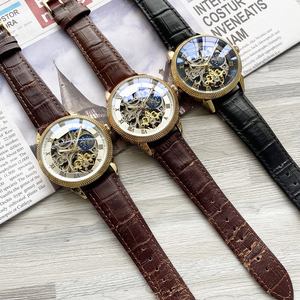 Artisan Luxury Men <b>Skeleton</b> Moon Phase <b>Watch</b> Gold Textured Bezel Leather Strap Bespoke OEM Wholesale - Product Image 6
