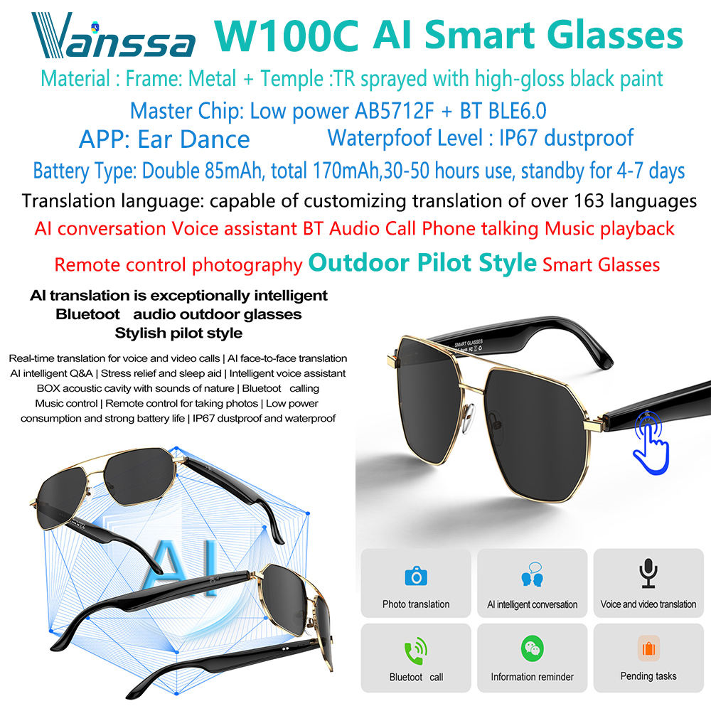 Black W100C-gafas de sol AI-smart-glasses-translator