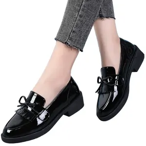 Black tassel round toe Loafers women casual british patent leather shoes