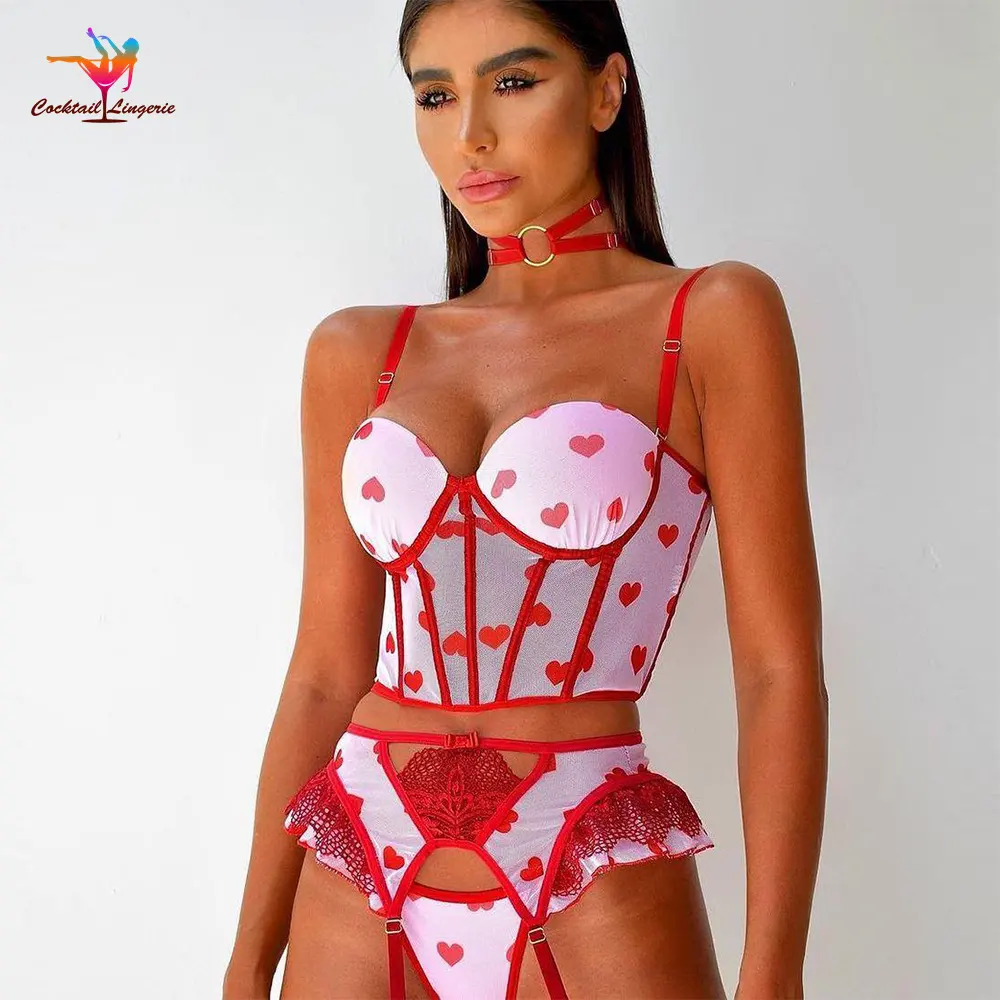 Sujetador de encaje sexy para mujer, ropa interior, conjunto de lencería con cinturón con tirantes, conjunto de malla de encaje con corazón