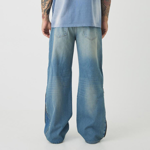 Sản Xuất Tùy Chỉnh 13 Oz Trọng Lượng Nặng Dây Kéo Bên Quần Jean Rửa Mặt Trời Phai Denim Jeans Cho Nam Giới Của Thẳng Hip Hop Jeans - Product Image 4