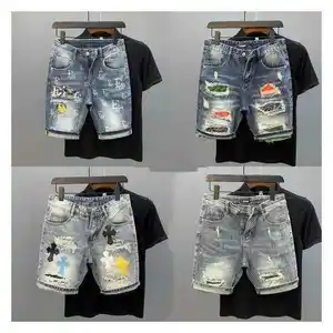 Moda estilo denim urbano malha de algodão elástico shorts jeans masculinos