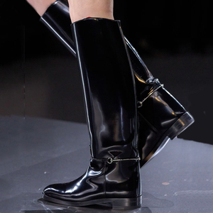 Women Flat Buckles Sip on Knee High <b>Boots</b> Knight Round Toe Long Booties Comfortable Designer Patent Shoes - Product Image 2
