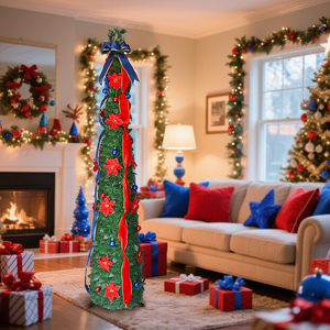 <span class=keywords><strong>Sapin</strong></span> <span class=keywords><strong>de</strong></span> Noël décoratif avec des fleurs rouges, des nœuds bleus et des ornements pour une utilisation en intérieur et en extérieur - Product Image 5
