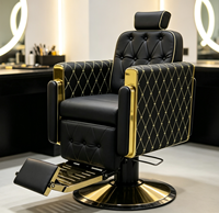 Nouvelle arrivée, élégante chaise de barbier vintage à dossier en treillis noir, avec repose-pieds réglable en métal doré