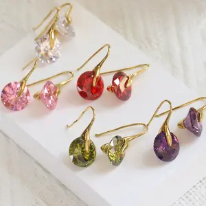 OEM Minimalist Jewelry Stainless Steel Gold Plated Hook Earring Colorful Sparkling Round Cubic Zirconia Stud Earrings For Women