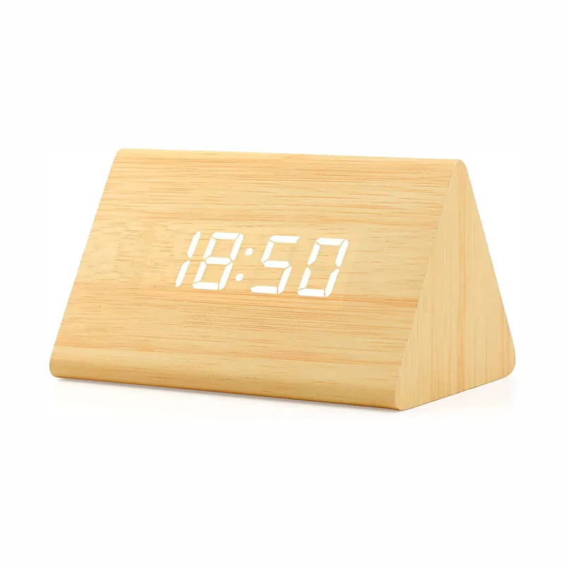 TaiLai – thermomètre de bureau numérique en bois avec alarme triangulaire moderne, minuterie classique, calendrier LED, noir, blanc, marron naturel