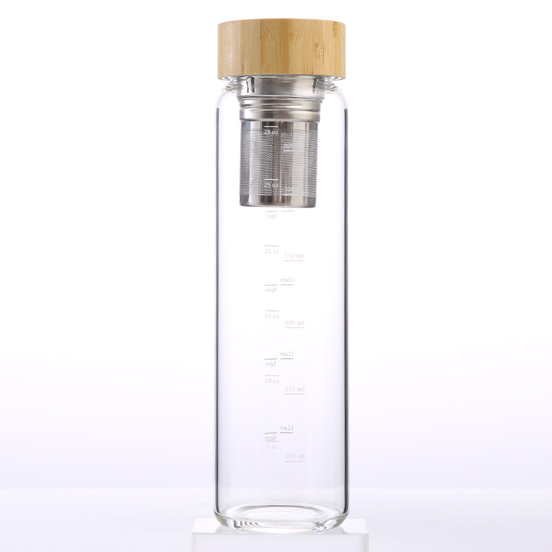 750~1000ml Bamboo wood cover high borosilicate single-layer glass with tea influser outdoor sports water bottle