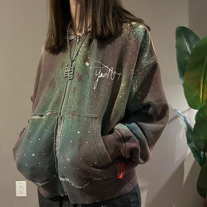 יצרן יוניסקס של קפוצ'ון כבד עם רוכסן מלא, בסגנון וינטג', שטיפת חומצה, צביעת טאי דאי, מראה משופשף, הדפס אבני חן - Product Image 1