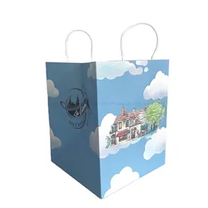 Custom Cafe Tea House in Cloud Image Printed Durable Recyclable Large Sky Blue Kraft Paper Bag with Twisted Handle for Bakery