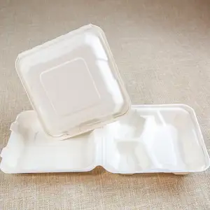 Biodegradable पैकेजिंग सीपी Takeaway खाद्य कंटेनर 8x8 इंच 3 डिब्बे फल फास्ट फूड के लिए दोपहर के भोजन के Bento बॉक्स
