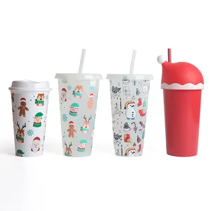 Gobelet en plastique à couleur changeante 24oz, café froid, tasses de noël kawaii avec couvercle et paille