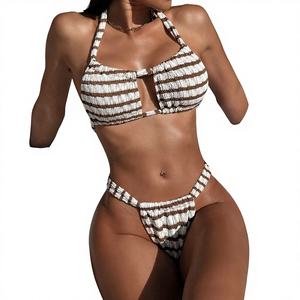 2026 Halter-Bikini mit Streifenmuster, sexy, hochtailliert, schnelltrocknend, 2-teiliger Badeanzug für Damen, für den internationalen Handel, grenzüberschreitend - Product Image 1