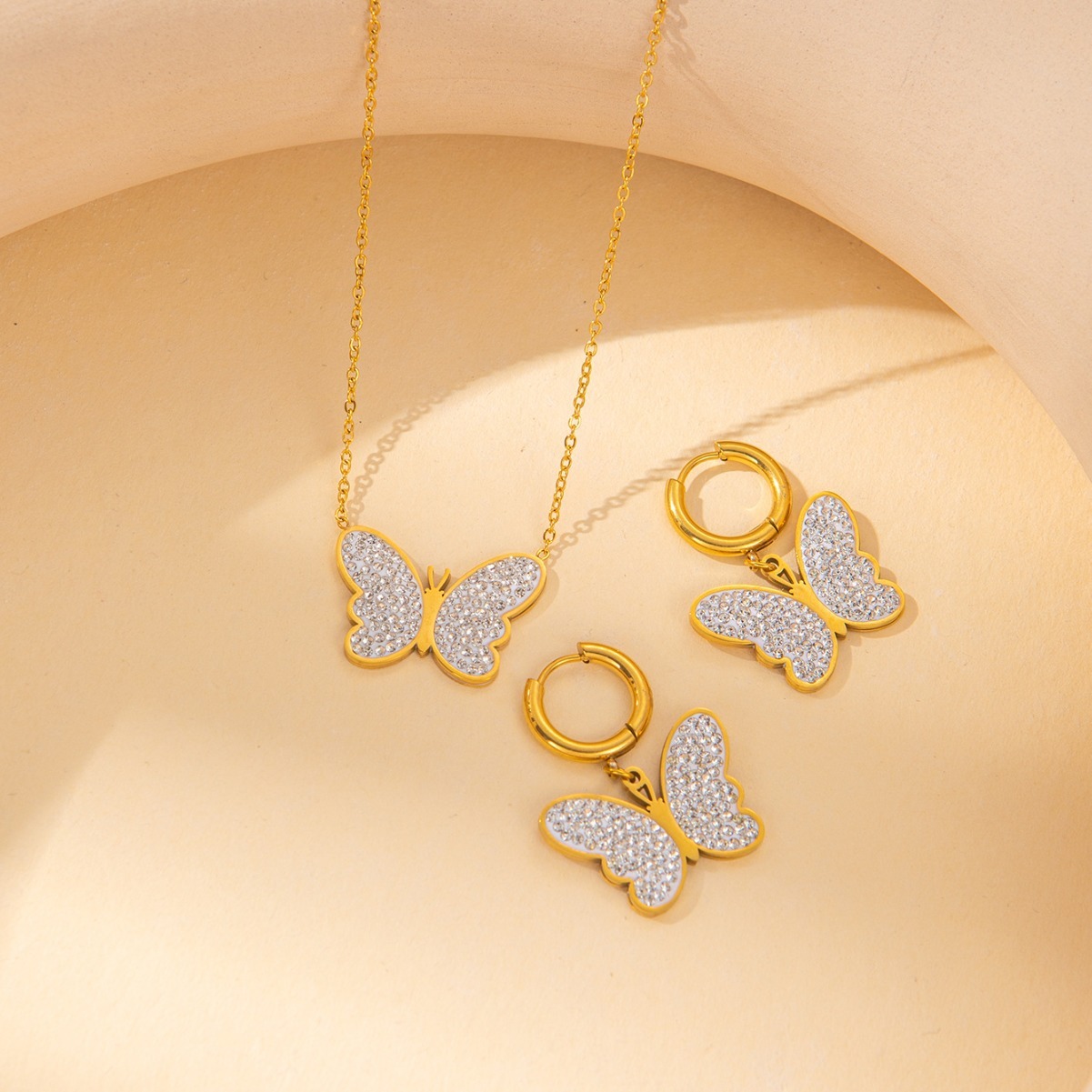 New Butterfly Jewelry Set 18K Gold Plated Stainless Steel Necklace 