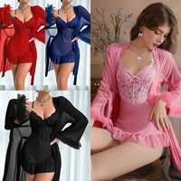 Ensemble 2 pièces de vêtements d'intérieur sexy en dentelle pour femme, col en V, robe et nuisette, collection été 2025, idéal pour les vacances à la maison
