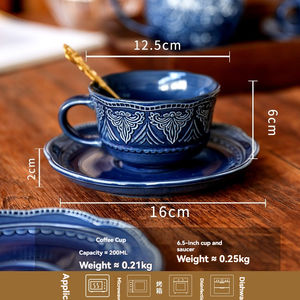 Tasse en céramique rétro de style européen avec relief, ensemble haut de gamme tasse et soucoupe pour le thé de l'après-midi, tasse à café - Product Image 6