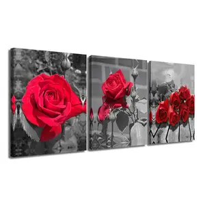 Arte originale OEM & ODM pittura popolare con stampe su tela floreale 3 pz dipinti di Rose rosse