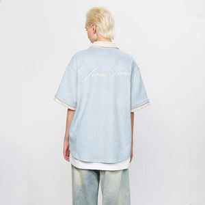 Chemise en daim à manches courtes, poids lourd, boutonnée, sur mesure pour les fabricants OEM, hommes, épaules tombantes, surdimensionnée, 100% coton, tricot à lettres - Product Image 5