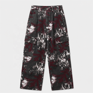Pantalon cargo pour homme à taille haute et jambe large, motif tie-dye, plusieurs poches, imprimé numérique, style workwear, respirant, 100% coton, automne - Product Image 1