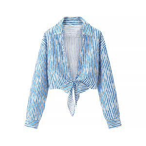 Camicetta Casual da Donna con Colletto Rovesciato, Stampa <span class=keywords><strong>a</strong></span> <span class=keywords><strong>Righe</strong></span> <span class=keywords><strong>Blu</strong></span> <span class=keywords><strong>e</strong></span> <span class=keywords><strong>Bianca</strong></span>, Fiocco Frontale <span class=keywords><strong>e</strong></span> Maniche Lunghe - Product Image 1