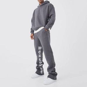 <b>Men</b> Winter 100% Cotton Cropped Hoodie & Flared Sweatpants 2-Piece <b>Set</b> Gothic Letter Print Fleece Streetwear Tracksuit - Product Image 1