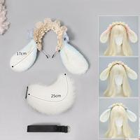 S0012 Ensemble d'oreilles et de queue de lapin moelleuses, bandeau Lolita Alice Cosplay avec nœud, accessoire de costume en peluche pour femmes