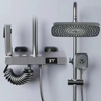 Nouveau LED thermostatique quatre fonctions pluie douche ensemble pistolet gris blanc Smart Douche Piano bouton Jet Fine laiton robinets numériques