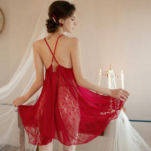 Chemise de nuit sexy en maille rouge transparente, broderie en dentelle, dos nu, robe babydoll pour femmes, col en V, vêtements de nuit, ourlet asymétrique, lingerie de nuit - Product Image 4