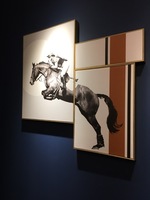 Ensemble d'art mural abstrait moderne et industriel avec cheval, chevalier monochrome et selle, impression jet d'encre sur toile, duo décor équestre, bois foncé