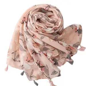 Powder-ash floral tassel shawl 2024 women's scarf dress silk scarf digital print custom all over print scarf