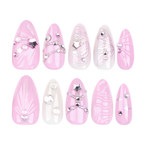 Ongles artificiels 3D rose sirène, forme amande, avec décorations étoiles, coquillages et strass, réutilisables, pour femmes - Product Image 4