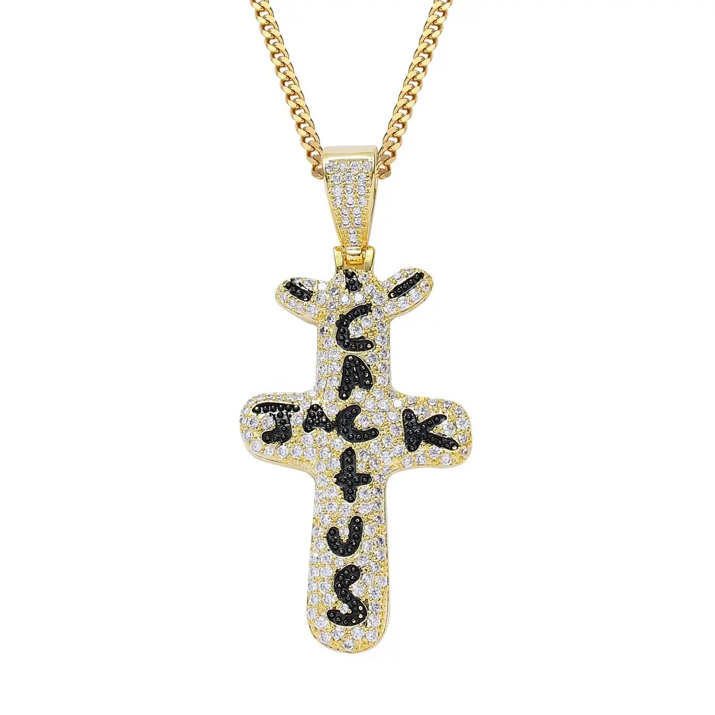 Hip Hop Rock Hot Selling Ice Chain Letter Cactus Jack Cross Pendant Stainless Steel Chain Fashion Fine Jewelry Necklace Men