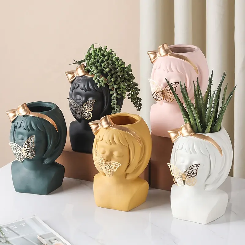 Nordic INS living room creative ceramic flowerpot fleshy girl head vase decoration accessories