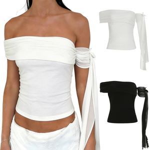 Camiseta de Verano para Mujer, de Color Sólido, Asimétrica, con Hombros Descubiertos, Plisada, Tejida, Ecológica, Transpirable, Ajustada, para Vacaciones - Product Image 1