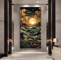 Decoración de Pared LED Grande, Luz de Luna, Paisaje Marino Abstracto de Lujo, Pintura Artística de Pared con Luz LED de Porcelana de Cristal