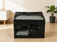 Tour à chat multi-niveaux moderne en osier, avec lit et grotte pour chat, coussins confortables, confort félin rectangulaire, design élégant et tendance, lits pour animaux de compagnie