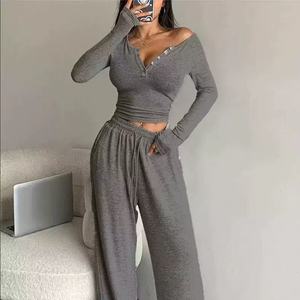 V Neck Buttons Lounge Set Soft Breathable Long Sleeve Sleep Daily <strong>Wear</strong> <strong>Comfortable</strong> Loose Fit Solid Color Spring Sleepwear - Product Image 5