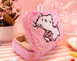Hot Sale Daily Little Kitten Use Bling Bling Crystal Rhinestone L Durable Leather Cosmetic Box with Mirror Make up Cases